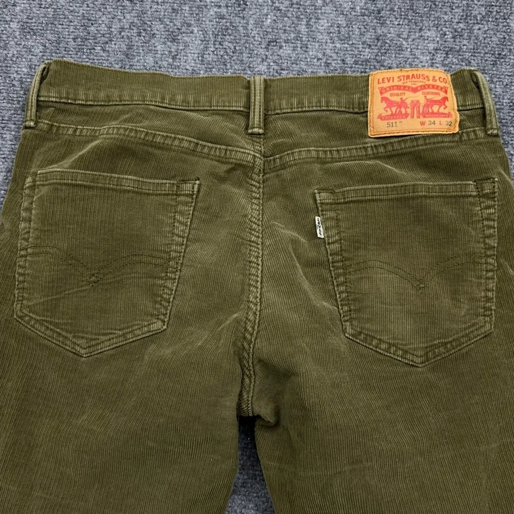 Levis 511 Corduroy Pants Mens 34x32 Olive Green Slim Fit 5-Pocket Chino Faded
